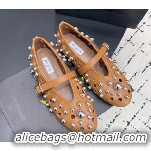Affordable Price Alaia Ballet Flats with Silver-Tone Spheres in Calfskin Apricot 1223019