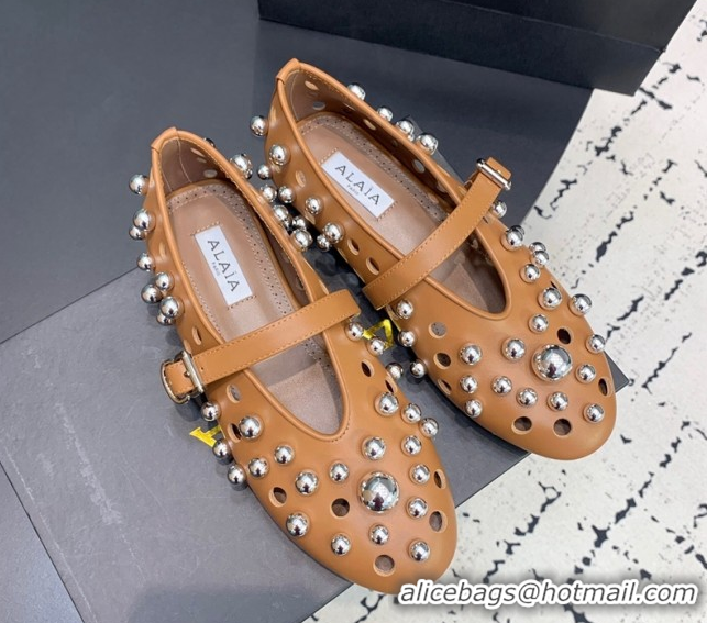Affordable Price Alaia Ballet Flats with Silver-Tone Spheres in Calfskin Apricot 1223019