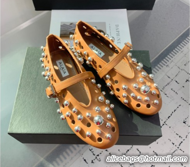 Affordable Price Alaia Ballet Flats with Silver-Tone Spheres in Calfskin Apricot 1223019