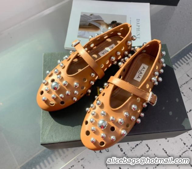 Affordable Price Alaia Ballet Flats with Silver-Tone Spheres in Calfskin Apricot 1223019