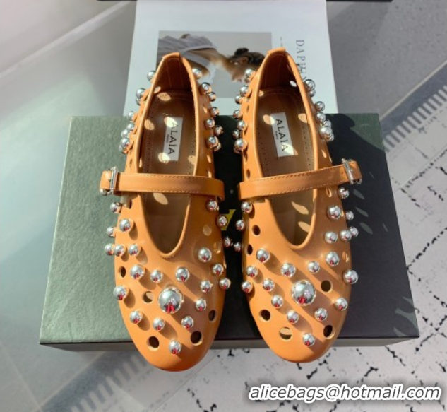 Affordable Price Alaia Ballet Flats with Silver-Tone Spheres in Calfskin Apricot 1223019
