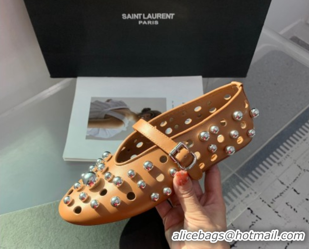 Affordable Price Alaia Ballet Flats with Silver-Tone Spheres in Calfskin Apricot 1223019