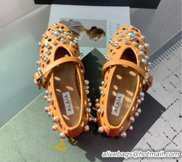 Affordable Price Alaia Ballet Flats with Silver-Tone Spheres in Calfskin Apricot 1223019