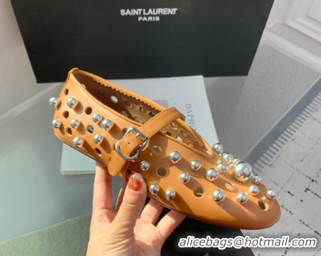 Affordable Price Alaia Ballet Flats with Silver-Tone Spheres in Calfskin Apricot 1223019