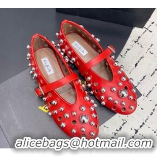 Buy Duplicate Alaia Ballet Flats with Silver-Tone Spheres in Calfskin Red 1223020