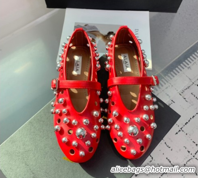 Buy Duplicate Alaia Ballet Flats with Silver-Tone Spheres in Calfskin Red 1223020
