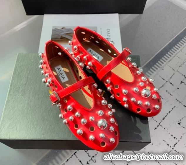 Buy Duplicate Alaia Ballet Flats with Silver-Tone Spheres in Calfskin Red 1223020