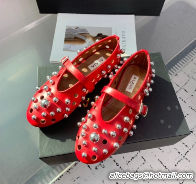 Buy Duplicate Alaia Ballet Flats with Silver-Tone Spheres in Calfskin Red 1223020