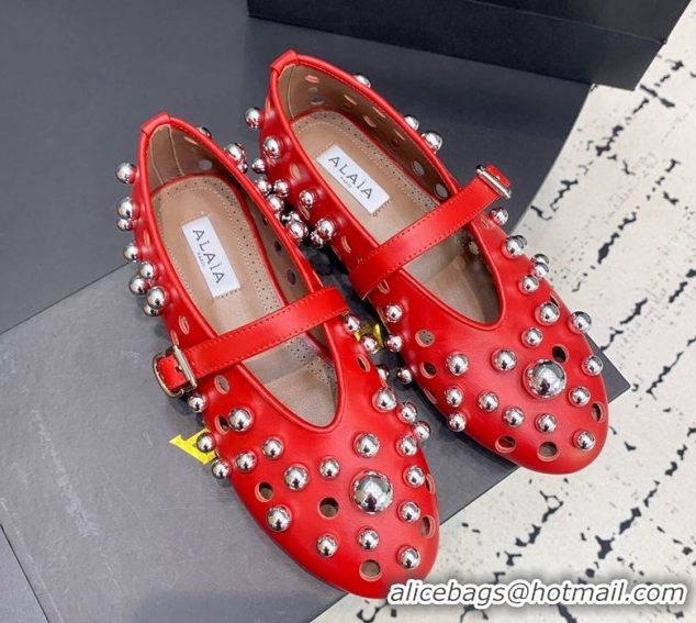 Buy Duplicate Alaia Ballet Flats with Silver-Tone Spheres in Calfskin Red 1223020