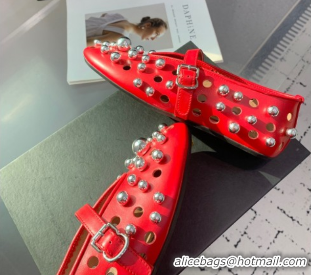 Buy Duplicate Alaia Ballet Flats with Silver-Tone Spheres in Calfskin Red 1223020