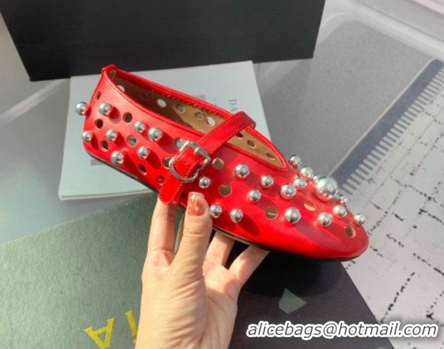 Buy Duplicate Alaia Ballet Flats with Silver-Tone Spheres in Calfskin Red 1223020
