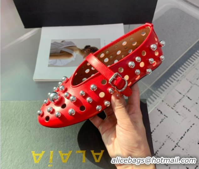 Buy Duplicate Alaia Ballet Flats with Silver-Tone Spheres in Calfskin Red 1223020