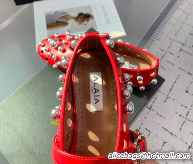 Buy Duplicate Alaia Ballet Flats with Silver-Tone Spheres in Calfskin Red 1223020
