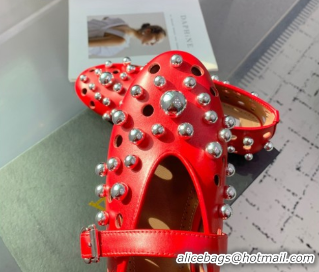 Buy Duplicate Alaia Ballet Flats with Silver-Tone Spheres in Calfskin Red 1223020