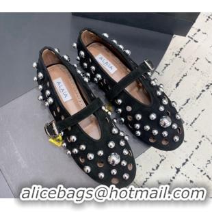 Top Quality Alaia Ballet Flats with Silver-Tone Spheres in Suede Black 1223021