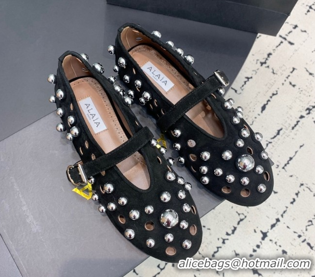 Top Quality Alaia Ballet Flats with Silver-Tone Spheres in Suede Black 1223021