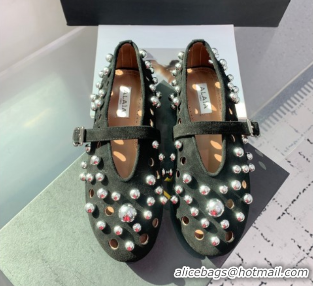 Top Quality Alaia Ballet Flats with Silver-Tone Spheres in Suede Black 1223021