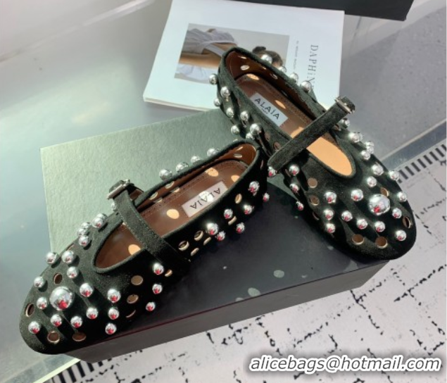 Top Quality Alaia Ballet Flats with Silver-Tone Spheres in Suede Black 1223021