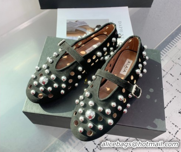 Top Quality Alaia Ballet Flats with Silver-Tone Spheres in Suede Black 1223021