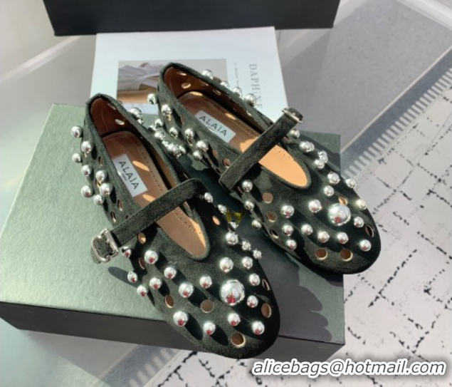 Top Quality Alaia Ballet Flats with Silver-Tone Spheres in Suede Black 1223021