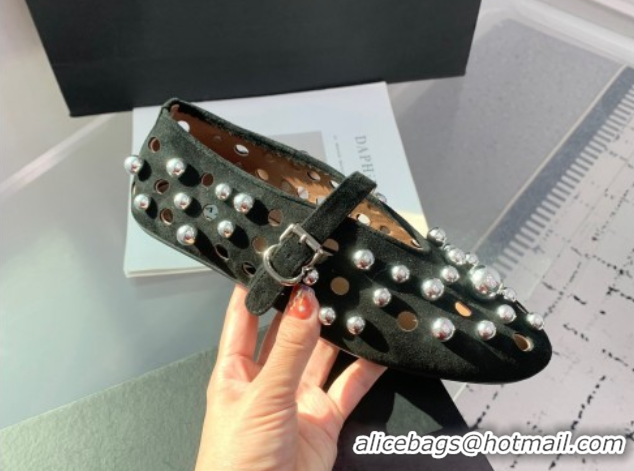 Top Quality Alaia Ballet Flats with Silver-Tone Spheres in Suede Black 1223021