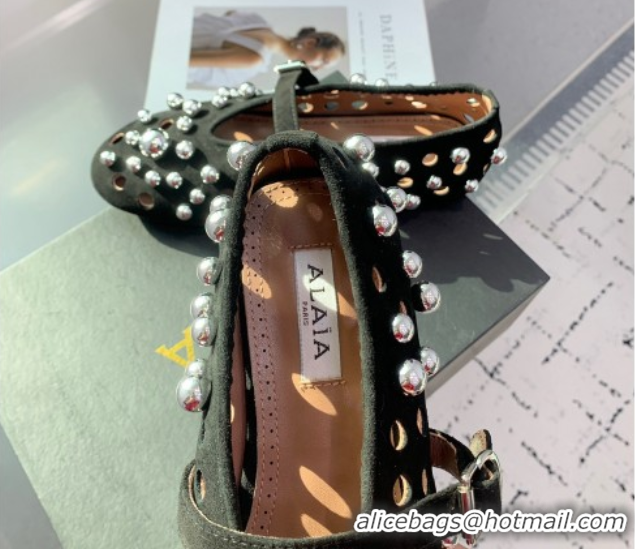 Top Quality Alaia Ballet Flats with Silver-Tone Spheres in Suede Black 1223021