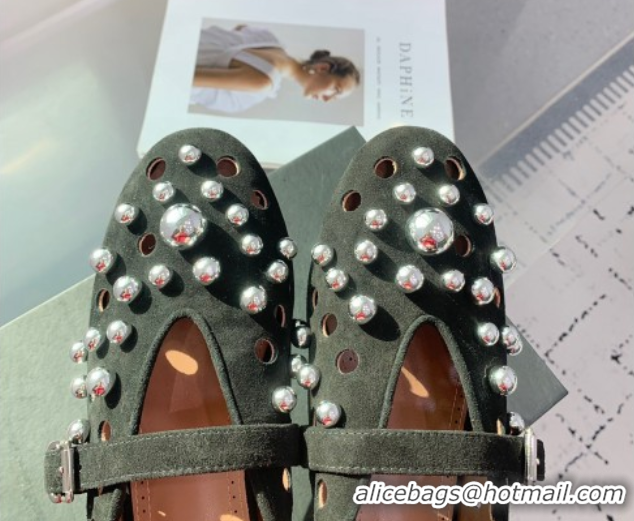 Top Quality Alaia Ballet Flats with Silver-Tone Spheres in Suede Black 1223021