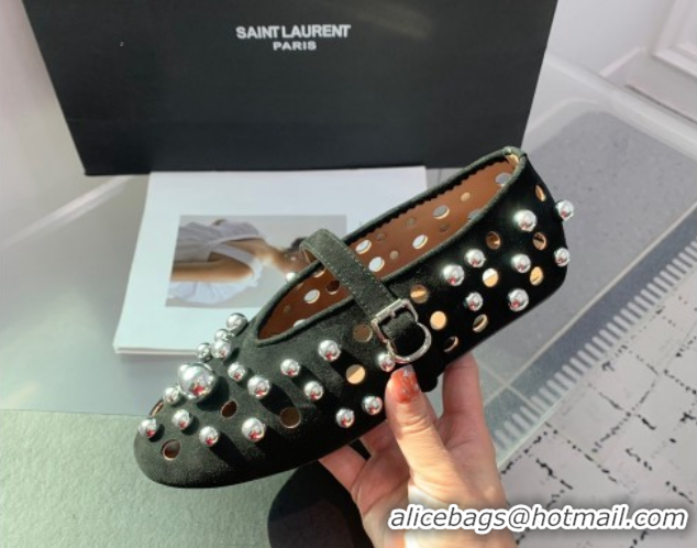 Top Quality Alaia Ballet Flats with Silver-Tone Spheres in Suede Black 1223021