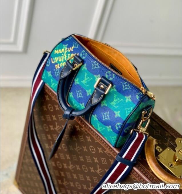 Top Design Louis Vuitton Keepall Bandouliere 25 Bag in Blue Stripes Monogram Heritage Canvas M25786 2025