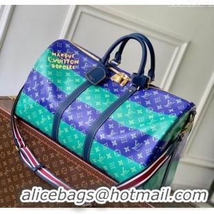 Top Quality Louis Vuitton Keepall Bandouliere 50 Travel Bag in Blue Stripes Monogram Heritage Canvas M25900 2025