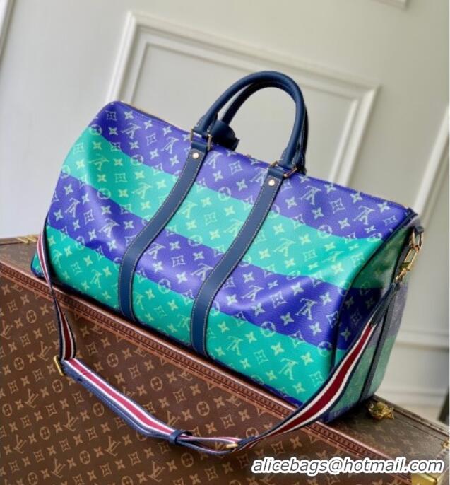Top Quality Louis Vuitton Keepall Bandouliere 50 Travel Bag in Blue Stripes Monogram Heritage Canvas M25900 2025