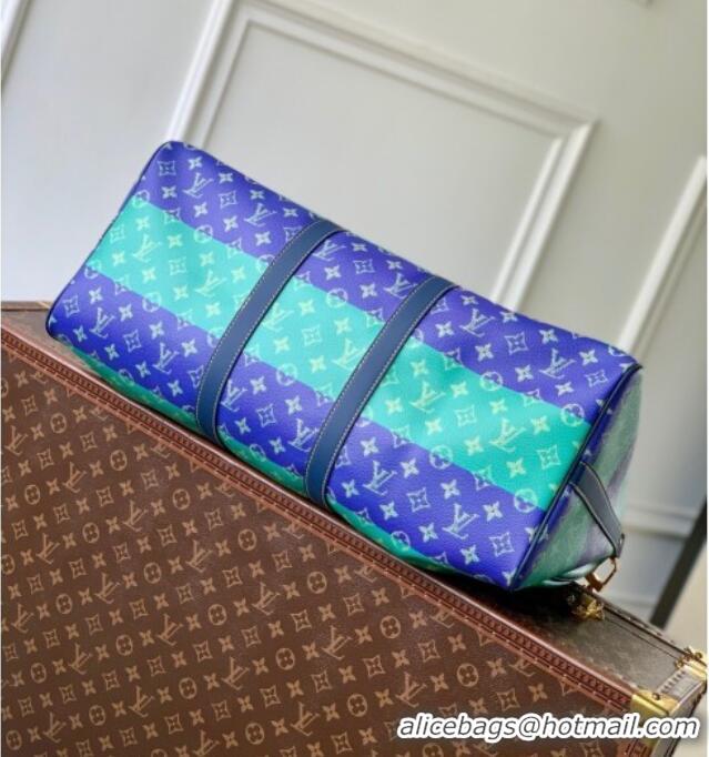 Top Quality Louis Vuitton Keepall Bandouliere 50 Travel Bag in Blue Stripes Monogram Heritage Canvas M25900 2025