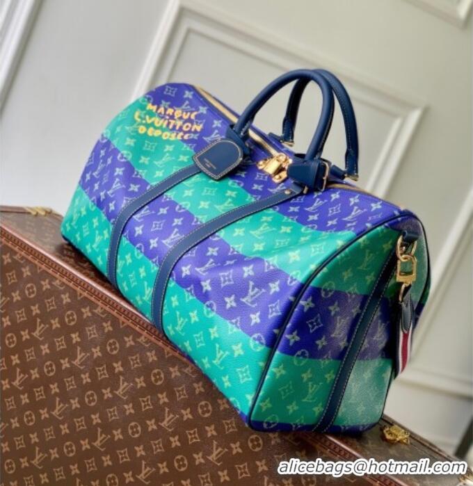 Top Quality Louis Vuitton Keepall Bandouliere 50 Travel Bag in Blue Stripes Monogram Heritage Canvas M25900 2025