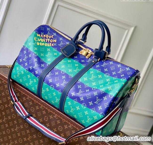 Top Quality Louis Vuitton Keepall Bandouliere 50 Travel Bag in Blue Stripes Monogram Heritage Canvas M25900 2025