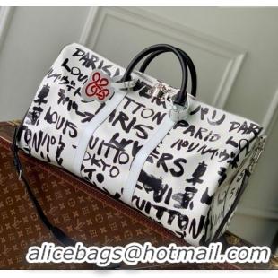 Best Design Louis Vuitton Keepall Bandouliere 50 Bag in Printed Leather N40804 White/Black 2025