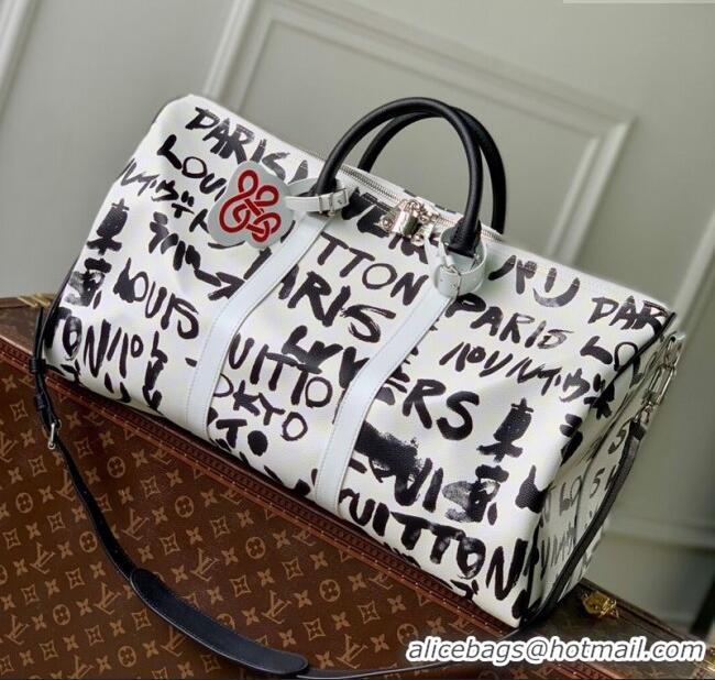 Best Design Louis Vuitton Keepall Bandouliere 50 Bag in Printed Leather N40804 White/Black 2025