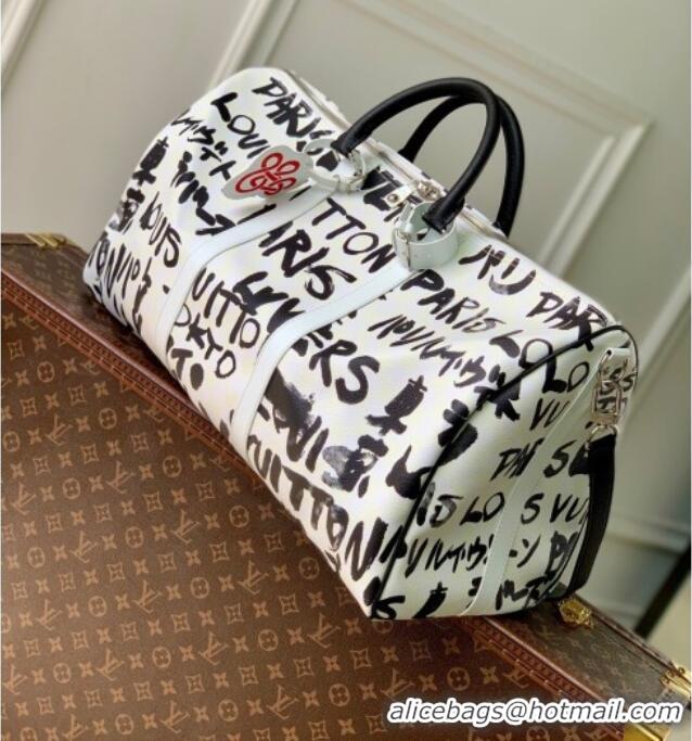 Best Design Louis Vuitton Keepall Bandouliere 50 Bag in Printed Leather N40804 White/Black 2025