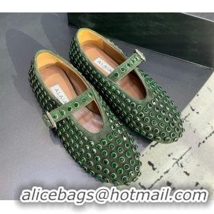 Unique Style Alaia Ballet Flat in Suede with Strass Dark Green 1223024