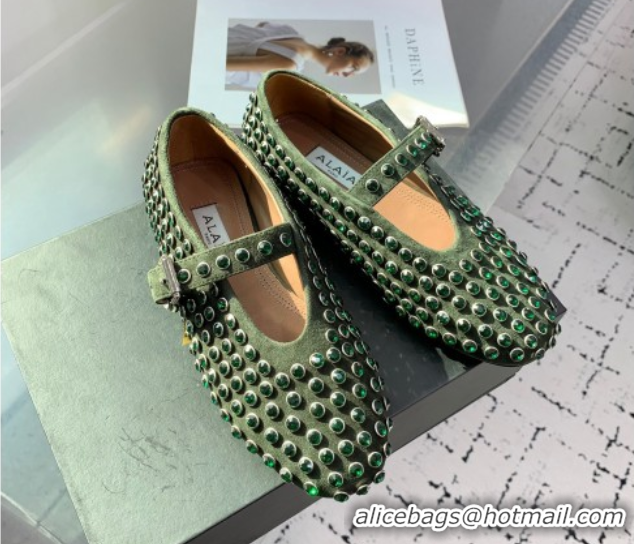 Unique Style Alaia Ballet Flat in Suede with Strass Dark Green 1223024