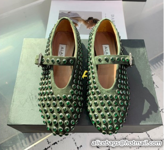 Unique Style Alaia Ballet Flat in Suede with Strass Dark Green 1223024