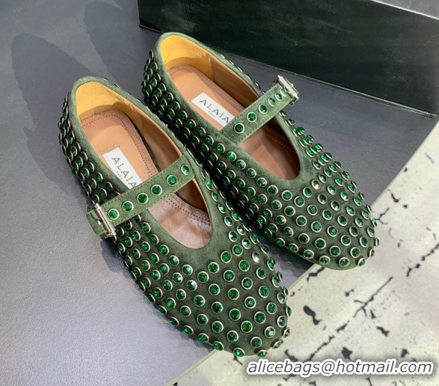 Unique Style Alaia Ballet Flat in Suede with Strass Dark Green 1223024
