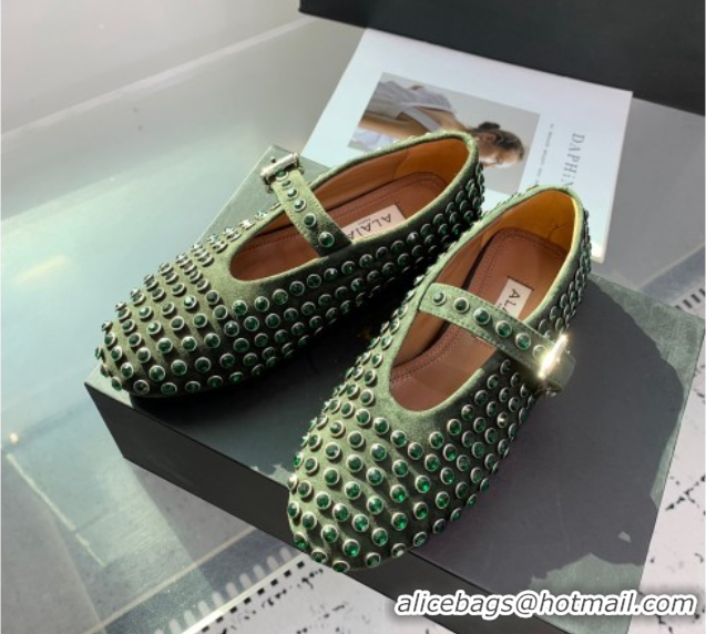 Unique Style Alaia Ballet Flat in Suede with Strass Dark Green 1223024