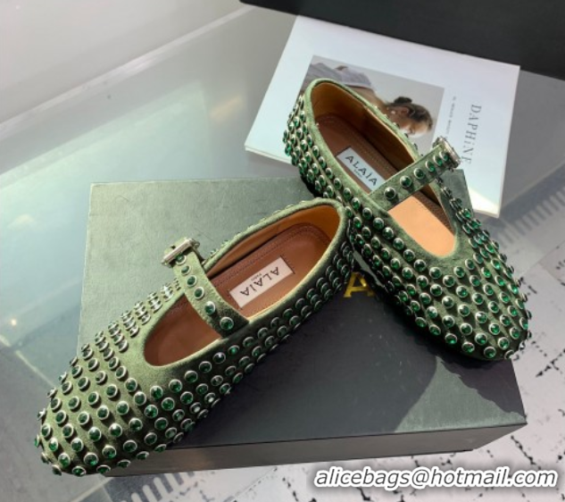 Unique Style Alaia Ballet Flat in Suede with Strass Dark Green 1223024