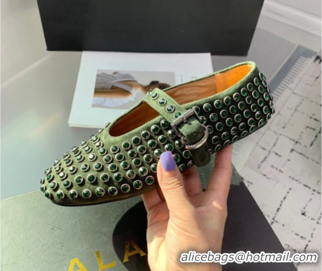 Unique Style Alaia Ballet Flat in Suede with Strass Dark Green 1223024