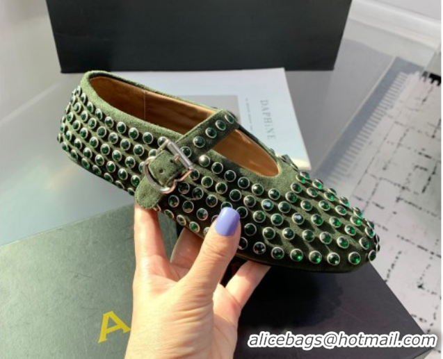 Unique Style Alaia Ballet Flat in Suede with Strass Dark Green 1223024