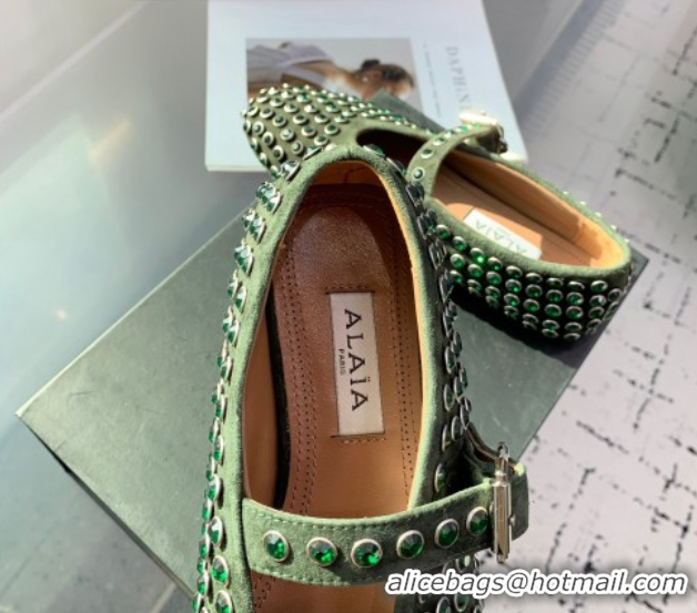 Unique Style Alaia Ballet Flat in Suede with Strass Dark Green 1223024