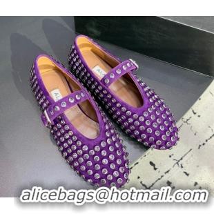 Stylish Alaia Ballet Flat in Suede with Strass Purple 1223026