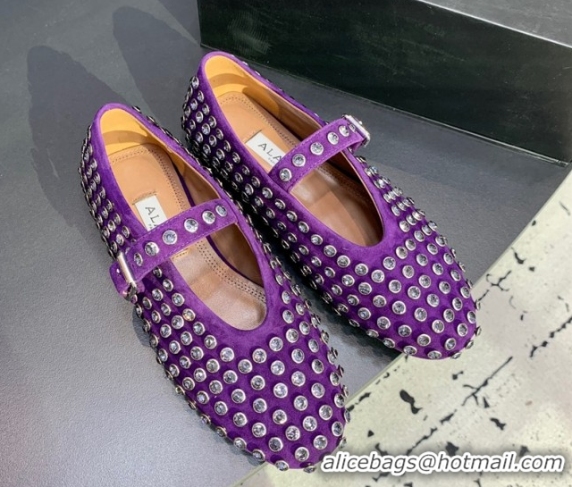 Stylish Alaia Ballet Flat in Suede with Strass Purple 1223026