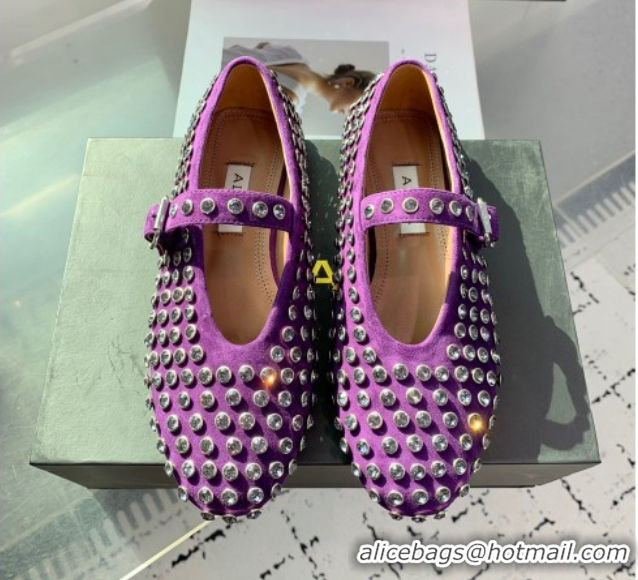 Stylish Alaia Ballet Flat in Suede with Strass Purple 1223026
