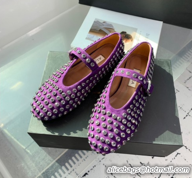 Stylish Alaia Ballet Flat in Suede with Strass Purple 1223026